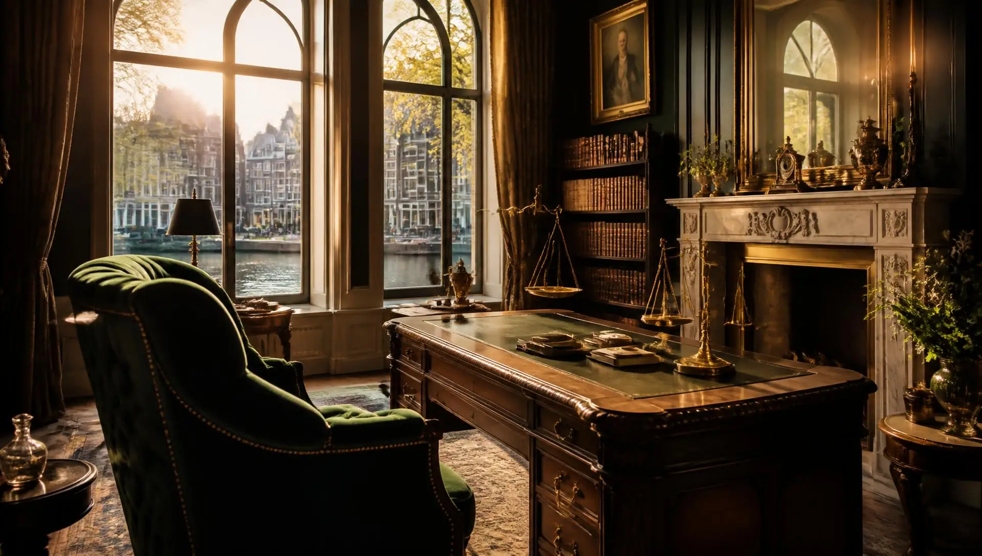 Klassiek Amsterdams grachtenpand met bureau, weegschaal en haard